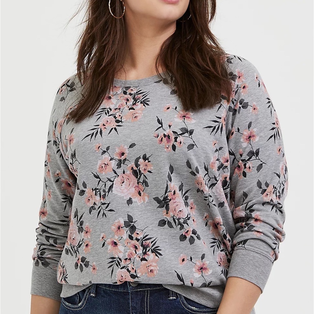 torrid Heather Grey Floral Fleece Raglan Sweatshirt